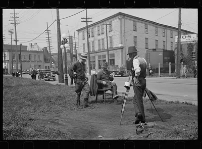 Lumberjacks getting photographed, Québec, Canada, Quebec (Province), 1937