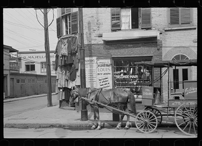 Pawnshop and milk wagon, Québec, Canada, Quebec (Province), 1937