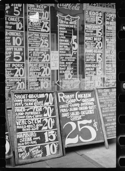 Baltimore, Maryland. Restaurant sign on Baltimore street, 1939