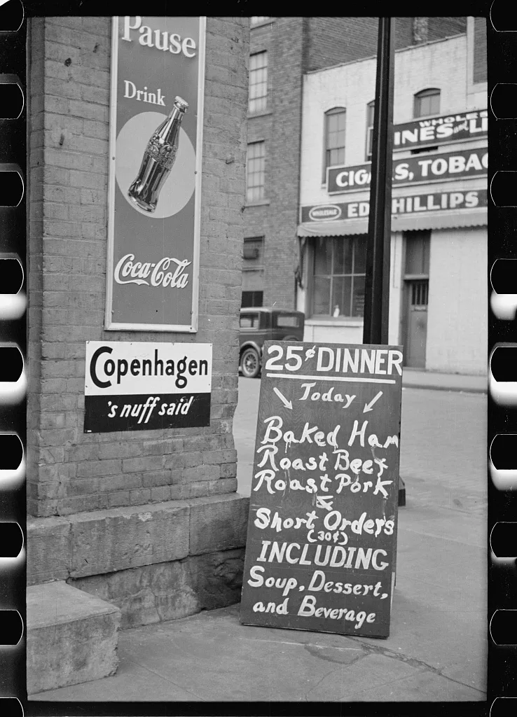 Menu outside restaurant, La Crosse, Wisconsin, 1939