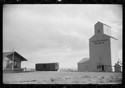 Grain elevator at railroad station, Fairfield, Montana, 1939