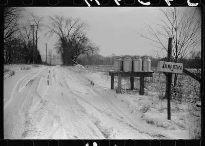 Milk cans along rural road, Orange County, New York, New York (State), 1939