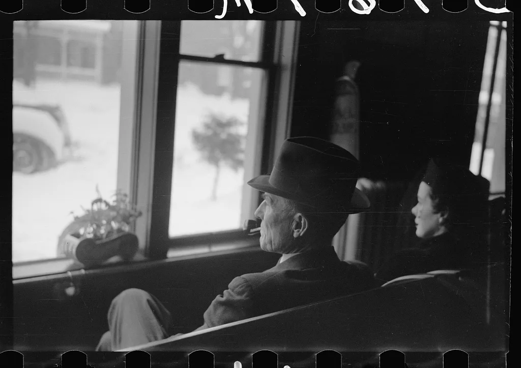 Guests in hotel lobby watching snowstorm, Chillicothe, Ohio, 1940