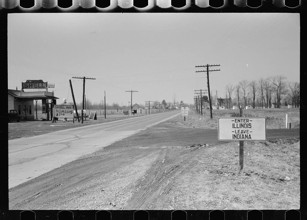 State line, Indiana--Illinois, 1940