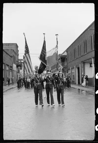 High school band, Charro Days parade, Brownsville, Texas, 1942