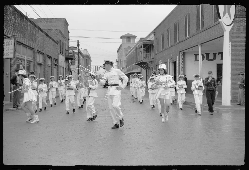 High school band, Charro Days parade, Brownsville, Texas, 1942