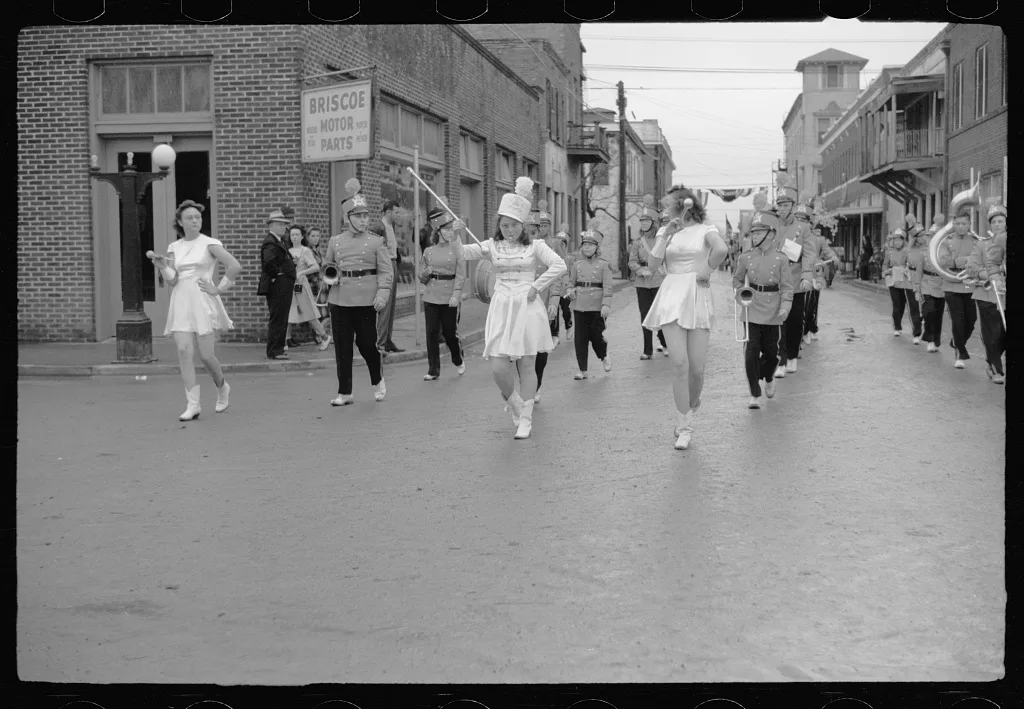 High school bands, Charro Days parade, Brownsville, Texas, 1942
