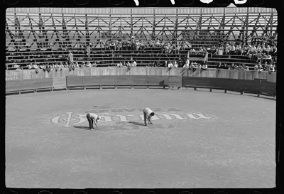 Colored sand advertisement, bullring, Matamoros, Tamaulipas, Mexico, 1942