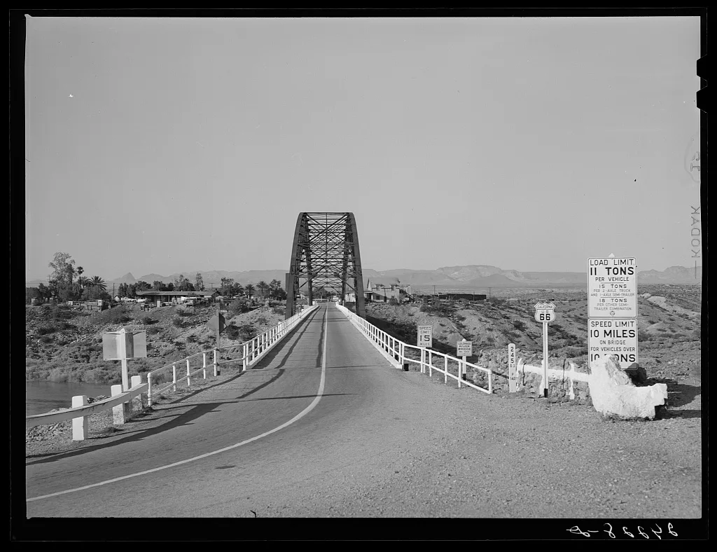 Bridge. State line. California -- Arizona, 1940