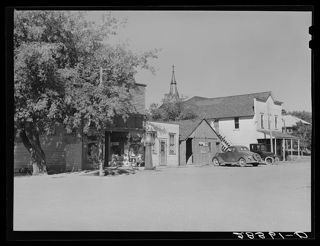 A village that is declining because of good roads and automobiles…, Iowa, 1939