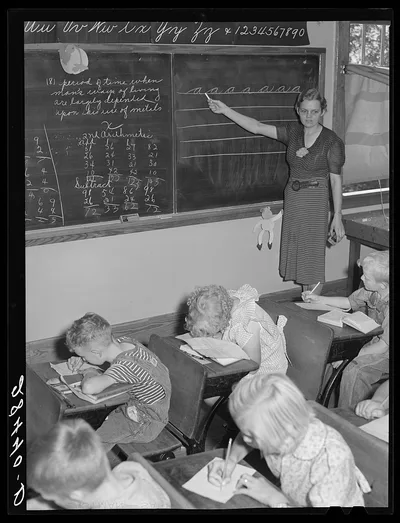 Lois Slinker and some of her pupils in one-room schoolhouse in Grundy…, Iowa, 1939