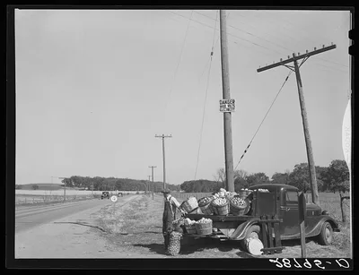 Farmer selling produce on highway. Marshall County, Iowa, 1939