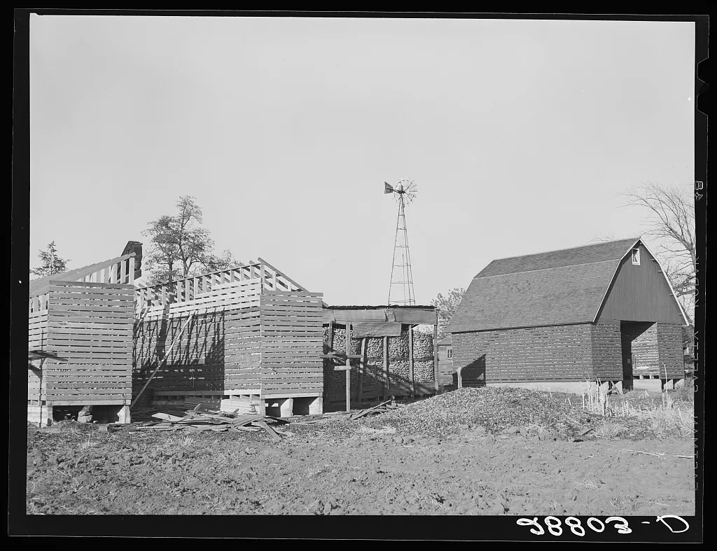 Three types of corncribs. Grundy County, Iowa, 1939