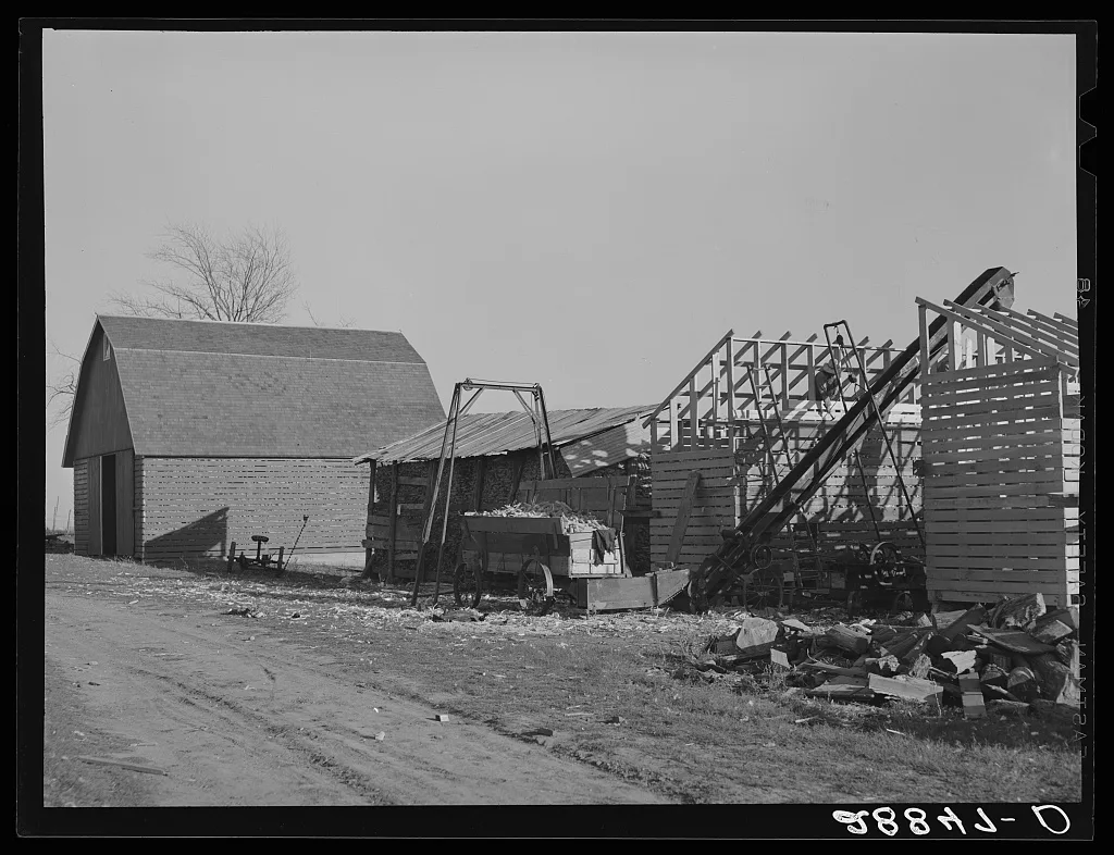 Farmer erects a new corn crib during harvest. Grundy Center, Iowa, 1939