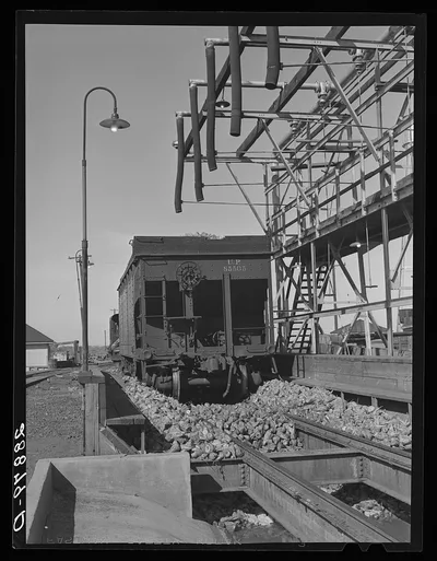 Sugar beets are unloaded over flumes in which hot water carries them…, Colorado, 1939