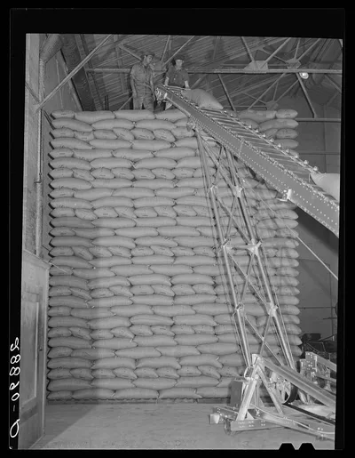 Storing bags of sugar at beet factory, Brighton, Colorado, 1939
