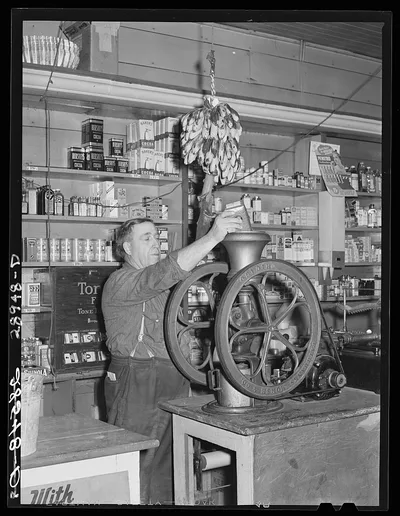 Grinding coffee. General store, Lamoille, Iowa, 1939