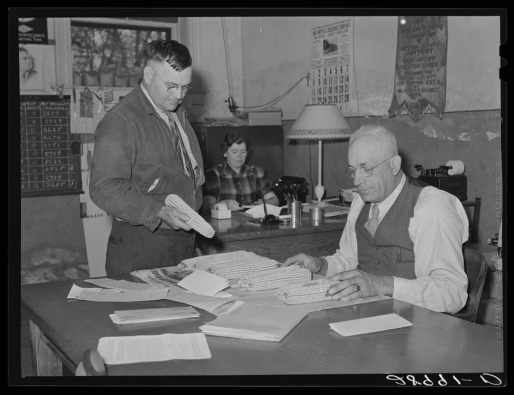 County agent with H.C. Clark, farmer who grows hybrid seed corn.…, Iowa, 1939