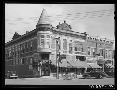Stores on main street. Grundy Center, Iowa, 1939