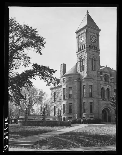 County courthouse and bandstand. Grundy Center, Iowa, 1939