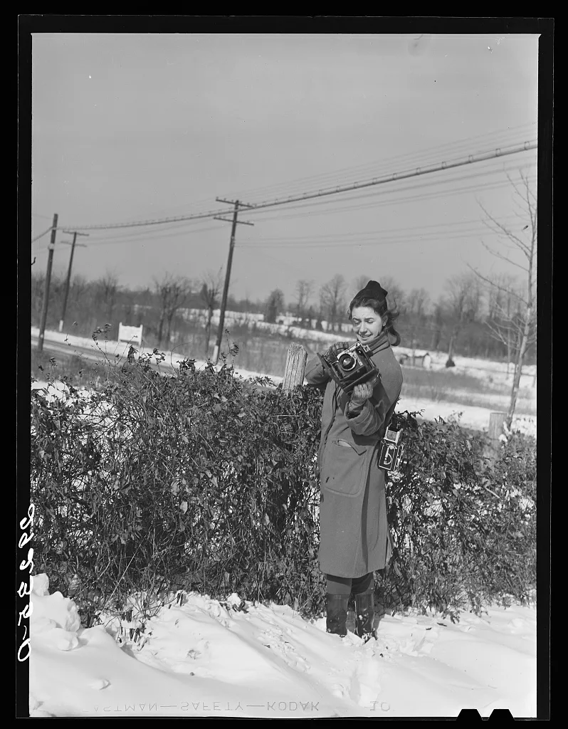 [Untitled negative showing Marion Post Wolcott standing in snow with…, 1940