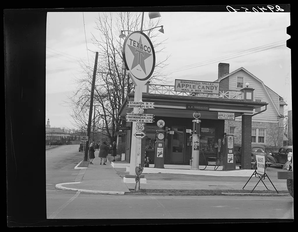 Gas station along Highway U.S. 50. Winchester, Virginia, 1940
