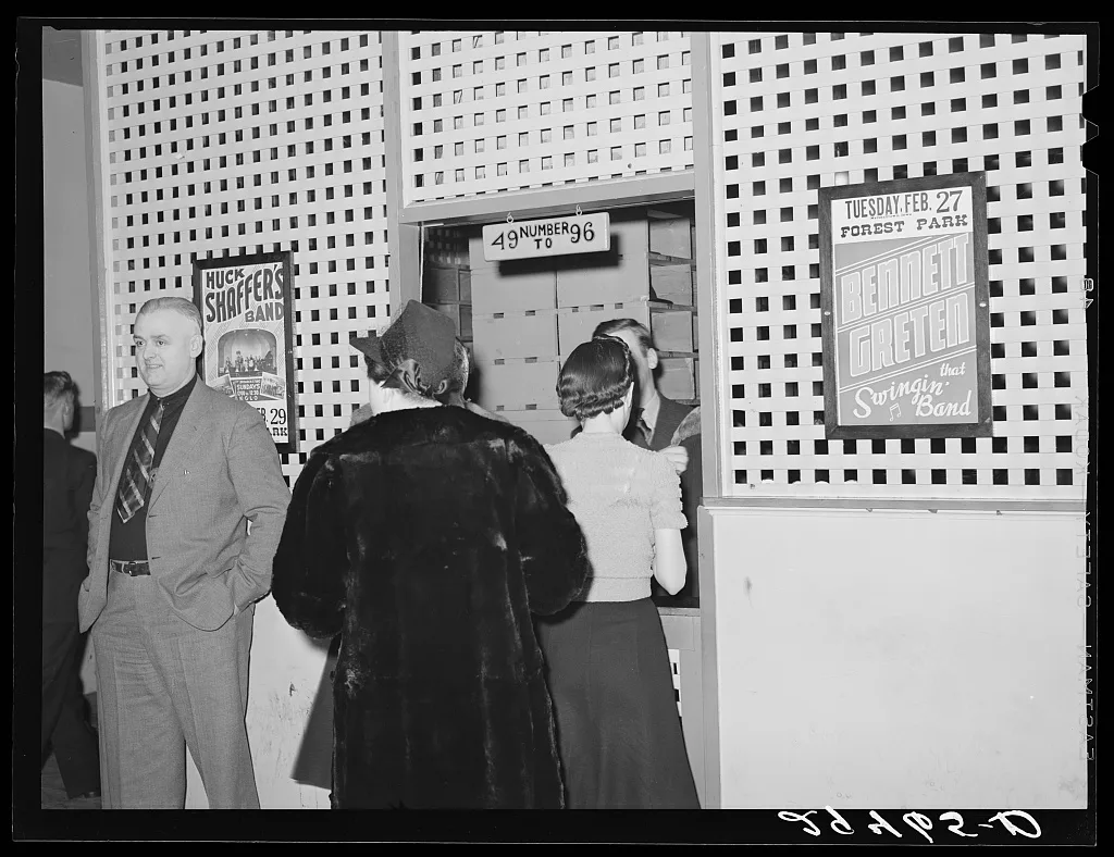 [Untitled photo, possibly related to: Check room at dance hall.…, Iowa, 1940