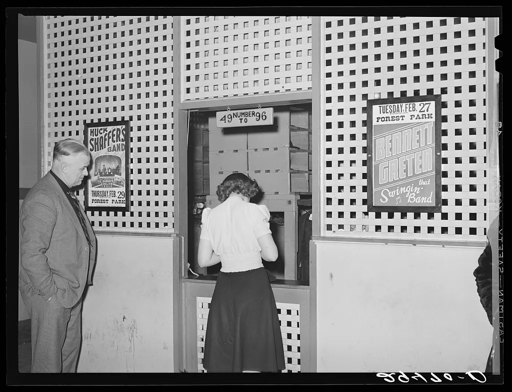 Check room at dance hall. Marshalltown, Iowa, 1940
