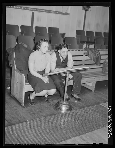 [Untitled photo, possibly related to: Keeping score. Bowling alley,…, Indiana, 1940