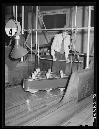 [Untitled photo, possibly related to: Pin boy in bowling alley.…, Indiana, 1940