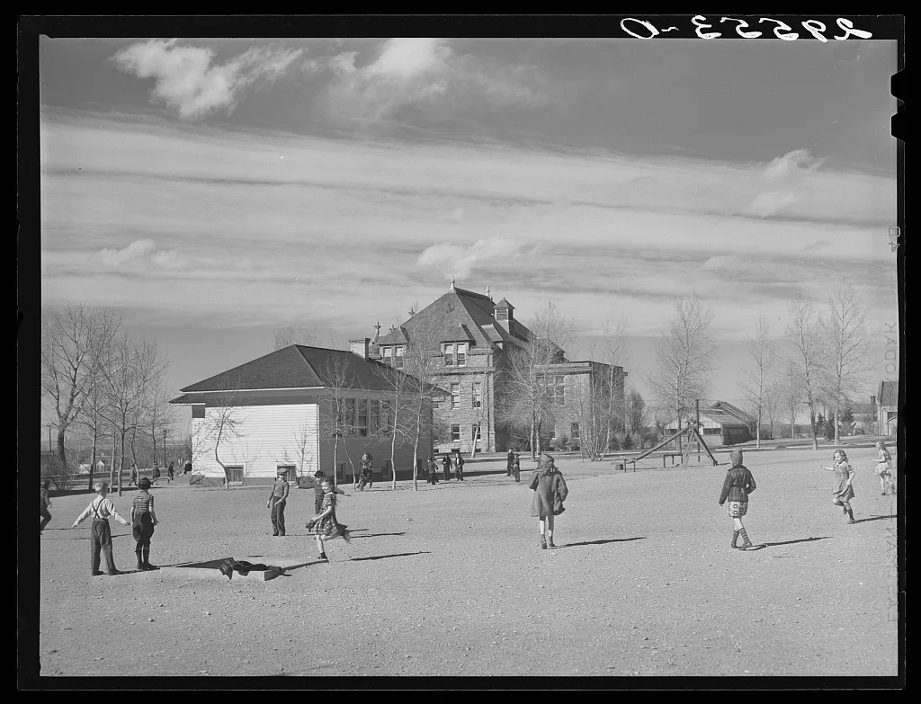 Grade school pupils in playground of experimental school for…, Wyoming, 1940