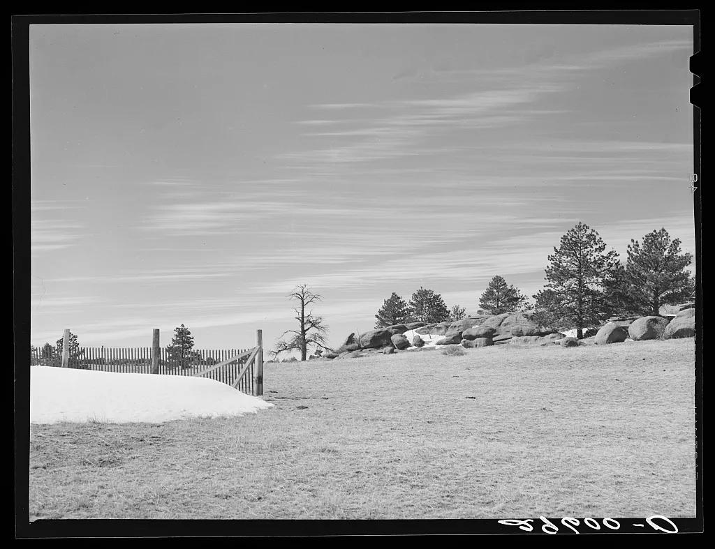 Snow fence and rocks. Laramie County, Wyoming, 1940