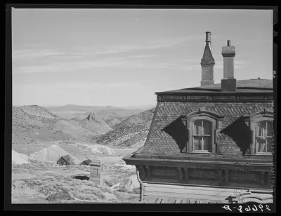 Corner of old mine office, abandoned mines in distance. Virginia…, Nevada, 1940