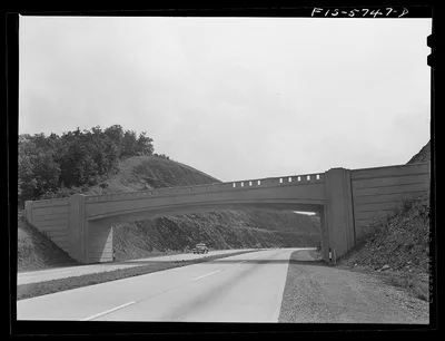 Pennsylvania Turnpike, Pennsylvania. Crossroads pass overhead, 1942